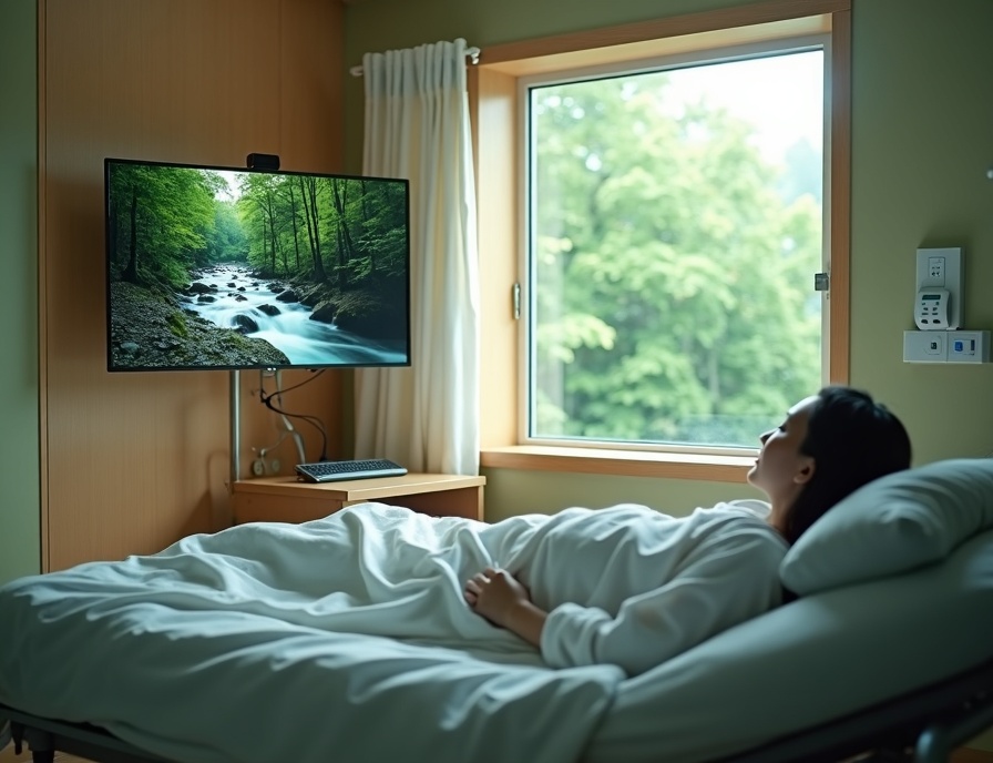 病室のモニターに映る川と森の自然映像を眺める入院中の様子